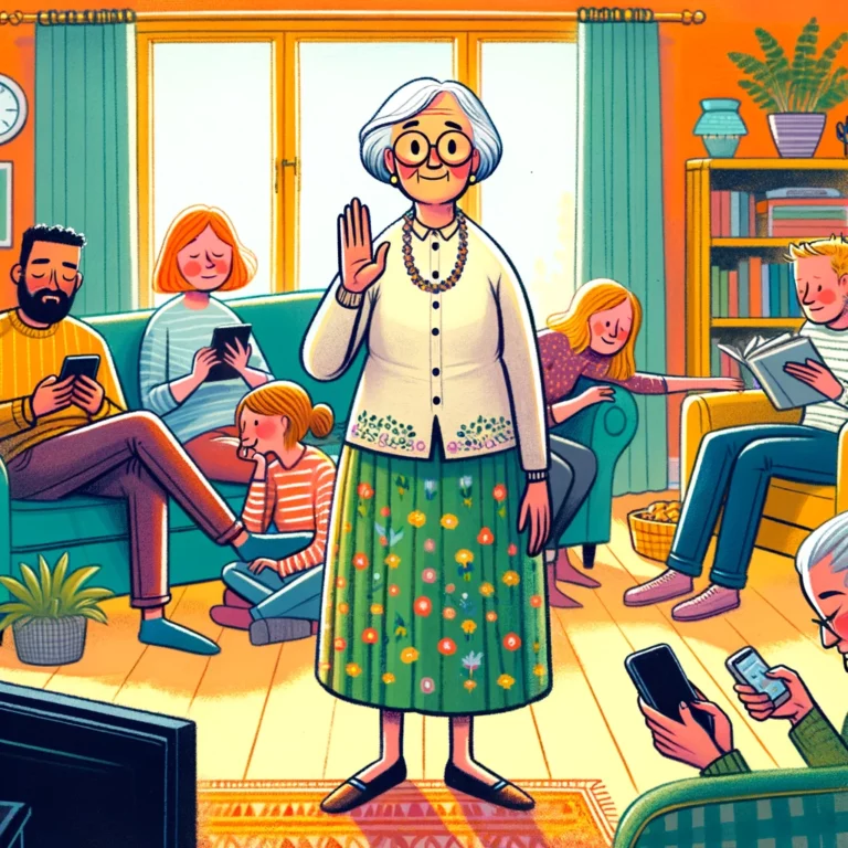 Elderly woman seeks family's attention.