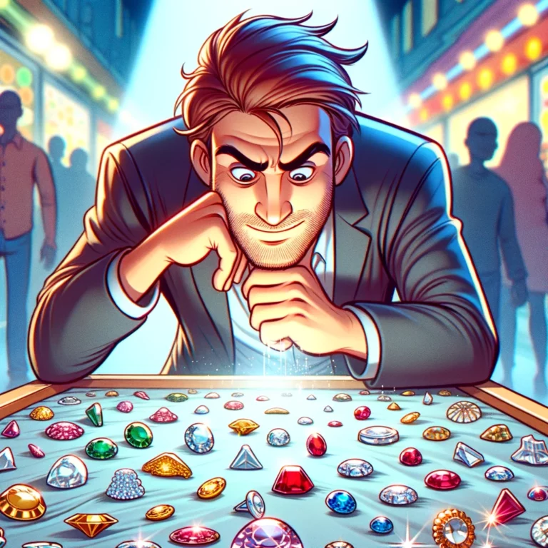 Man contemplates buying colorful loose jewels on a table.