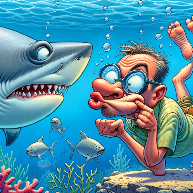 Man pretends to be a fish to avoid alarming a nearby shark.