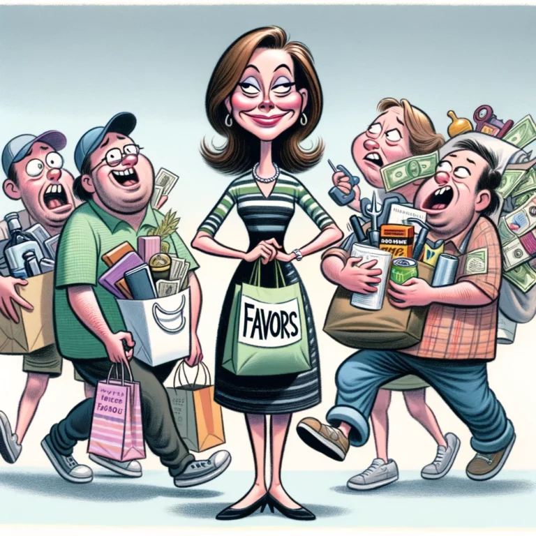 Woman with 'Favors' bag exploiting friends' generosity.
