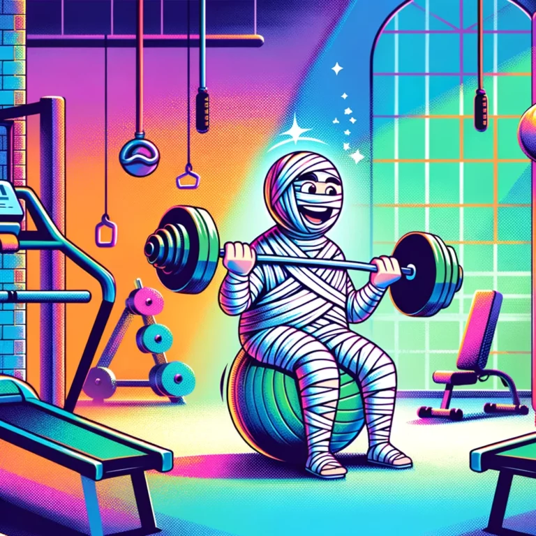 A woman wrapped in gauze lifts weights