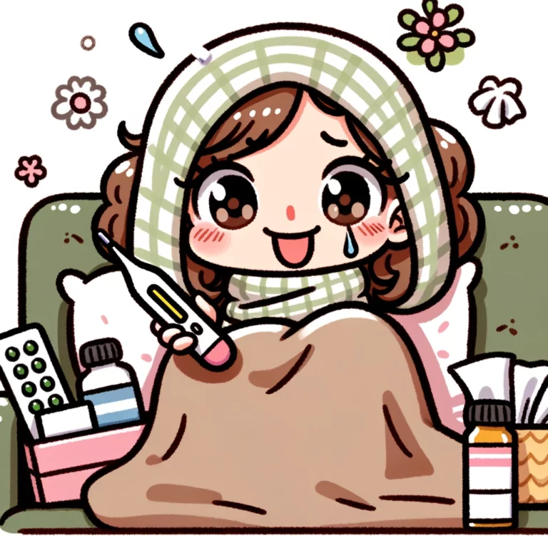 Woman faking sickness with a smile.