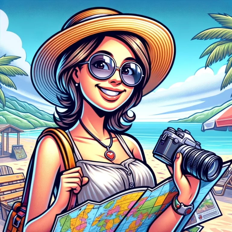 Woman on beach vacation with map and camera.