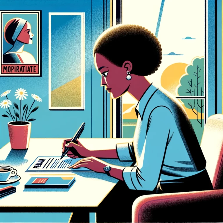 Woman filling out resume at desk.
