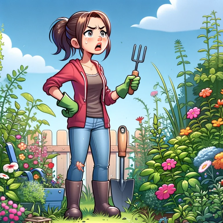 Woman dismayed by garden weeds.