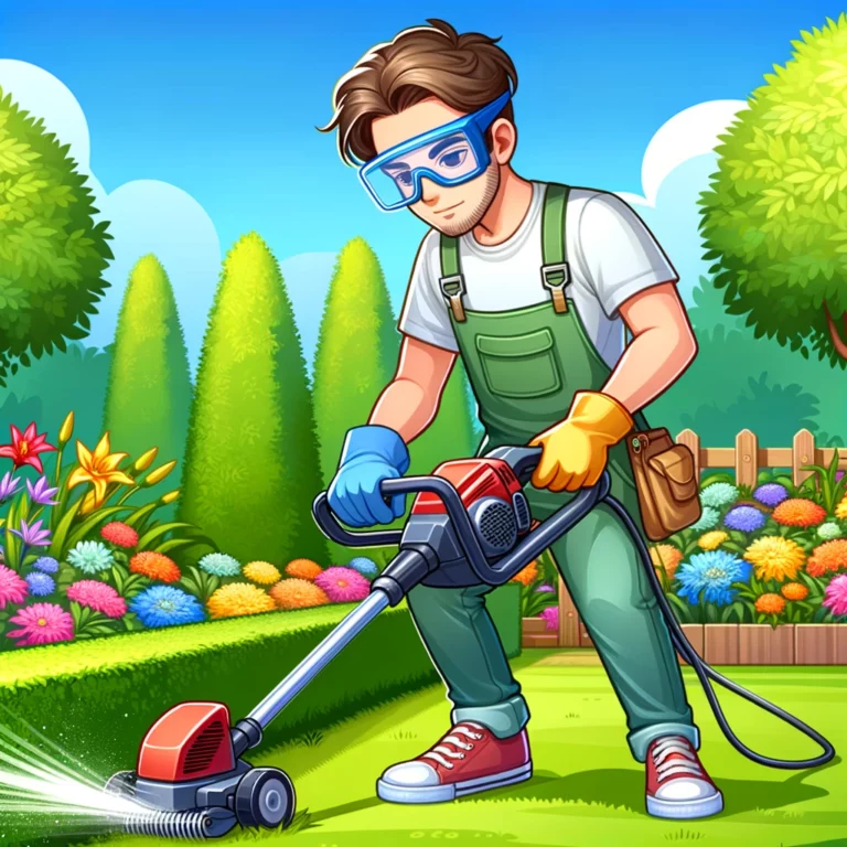 Man trims lawn with weed whacker