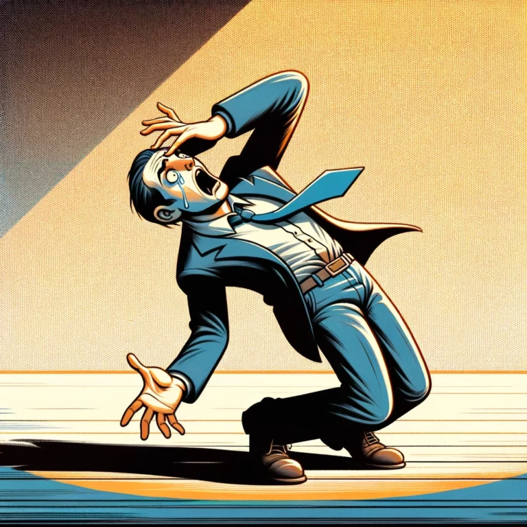Cartoon man feigns distress dramatically.