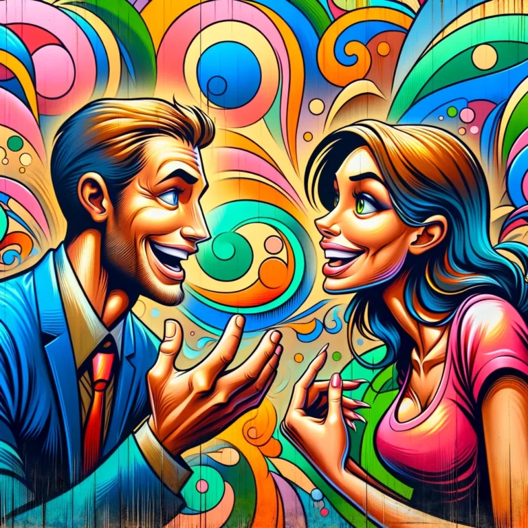 Animated man and woman chat against a vivid backdrop